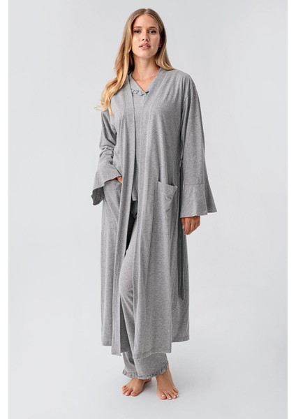 Kadın Uzun Kollu Düğmeli Esnek Pamuklu Sabahlık Pijama Takımı 23112