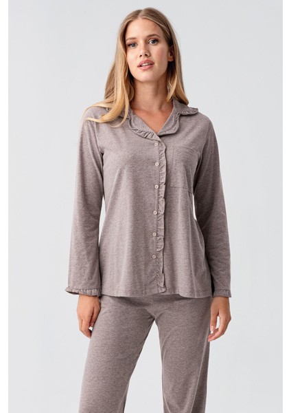 Kadın Uzun Kollu Düğmeli Esnek Pamuklu Sabahlık Pijama Takımı 23112 fırsatları