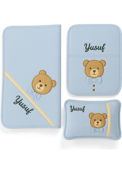 Fiyonklu Ayıcık Desenli Isme Özel Nakışlı Mavi 3 Lü Bebek Alt Açma Seti