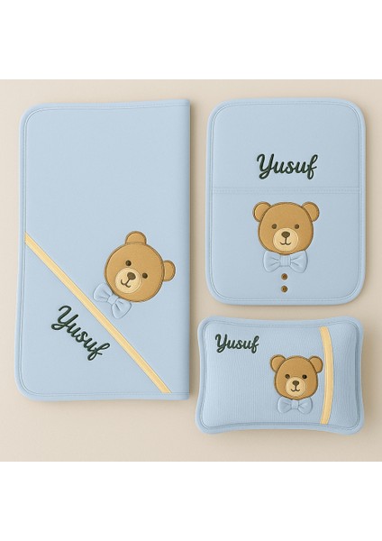 Fiyonklu Ayıcık Desenli Isme Özel Nakışlı Mavi 3 Lü Bebek Alt Açma Seti fiyatları