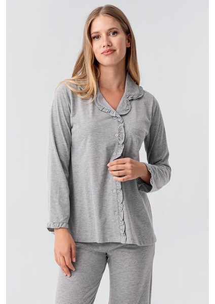 Kadın Uzun Kollu Düğmeli Esnek Pamuklu Sabahlık Pijama Takımı 23112 fırsatları