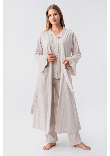 Kadın Uzun Kollu Düğmeli Esnek Pamuklu Sabahlık Pijama Takımı 23112