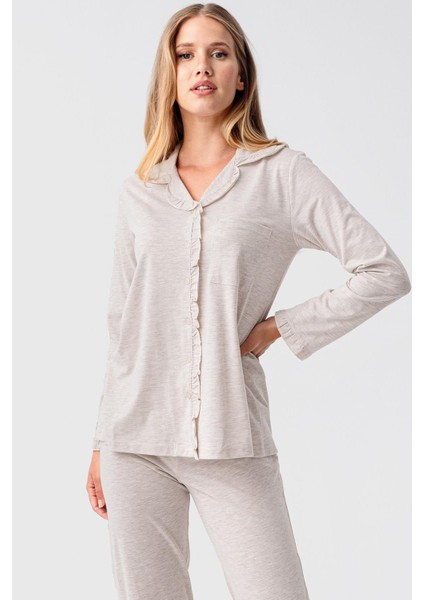 Kadın Uzun Kollu Düğmeli Esnek Pamuklu Sabahlık Pijama Takımı 23112 fırsatları