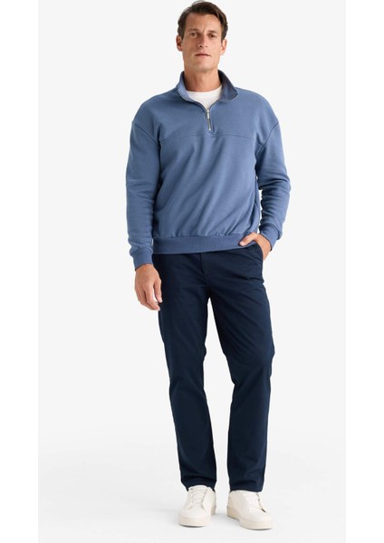 Relax Fit Dik Yaka Fermuarlı Basic Düz Kalın Sweatshirt E5334AX24WN