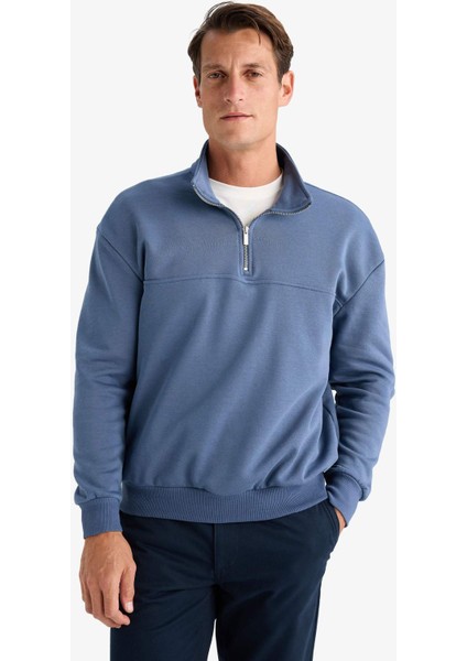 Relax Fit Dik Yaka Fermuarlı Basic Düz Kalın Sweatshirt E5334AX24WN