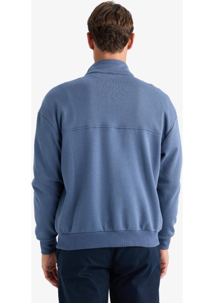 Relax Fit Dik Yaka Fermuarlı Basic Düz Kalın Sweatshirt E5334AX24WN