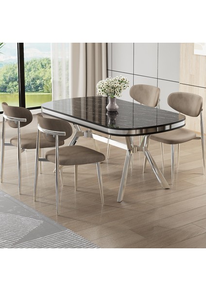 Olya Serisi 90X168 Lak Panel Sonata Takımı Krom Ayaklı 4 Sandalye