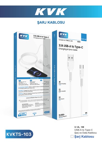 Kvk Usb-A To Type-C 3.1A 1 Metre Şarj Kablosu