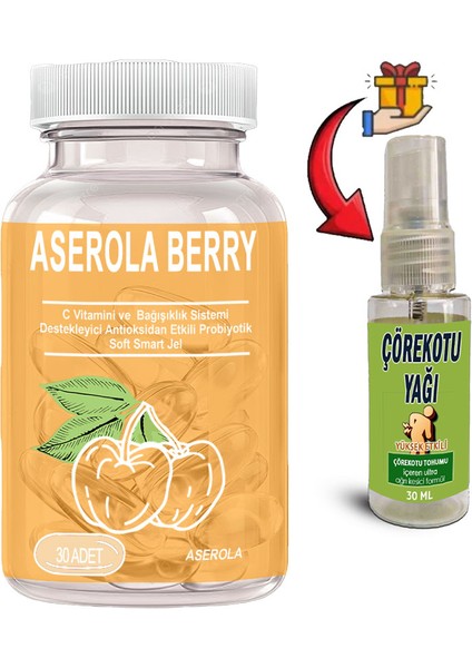 Aserola Berry: 1 Adet Aserola Ekstresi Içeren C Vitaminli Antioksidanlı Probiyotik 30LU Soft Jel Kapsüller + 30 ml Çörek Otu Masaj Yağı