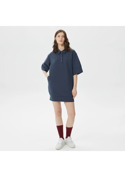 Kadın Loose Fit Kısa Kollu Polo Yaka Lacivert Elbise