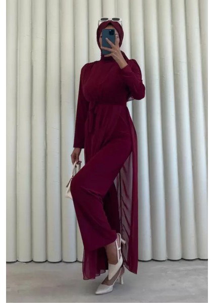 Kadın Seyyar Kemerli Şifon Uzun Tulum Elbise- Bordo