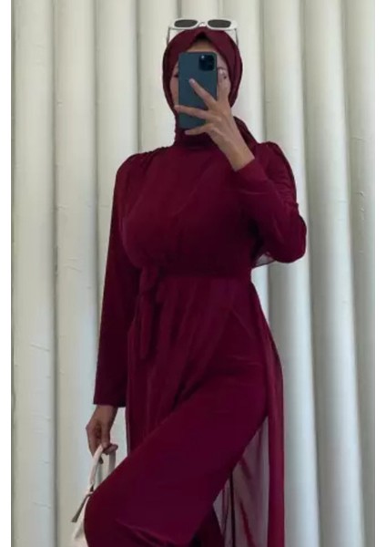 Kadın Seyyar Kemerli Şifon Uzun Tulum Elbise- Bordo fiyatları