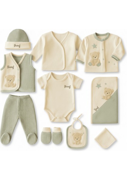 Peluş Ayıcıklı Isme Özel Nakışlı Yeşil Krem 10 Lu Yenidoğan Hastane Çıkış Bebek Takımı