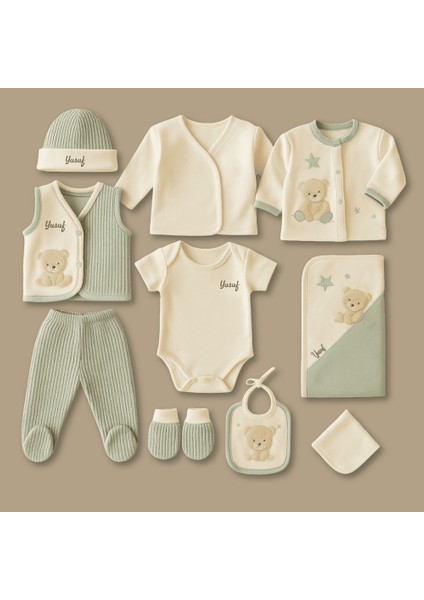 Peluş Ayıcıklı Isme Özel Nakışlı Yeşil Krem 10 Lu Yenidoğan Hastane Çıkış Bebek Takımı modelleri