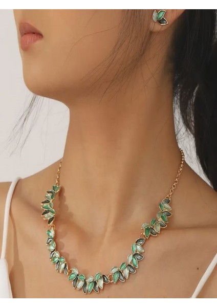 Kc Altın Kaplama Yeşil Yaprak Takı Seti