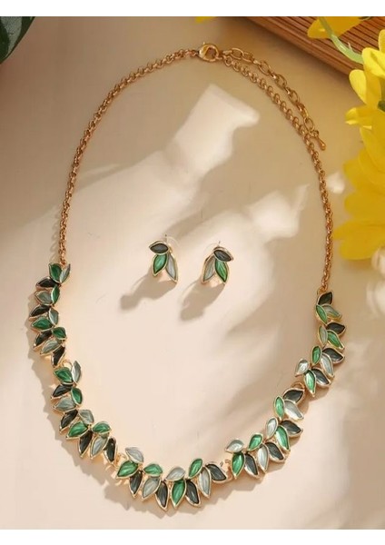 Kc Altın Kaplama Yeşil Yaprak Takı Seti
