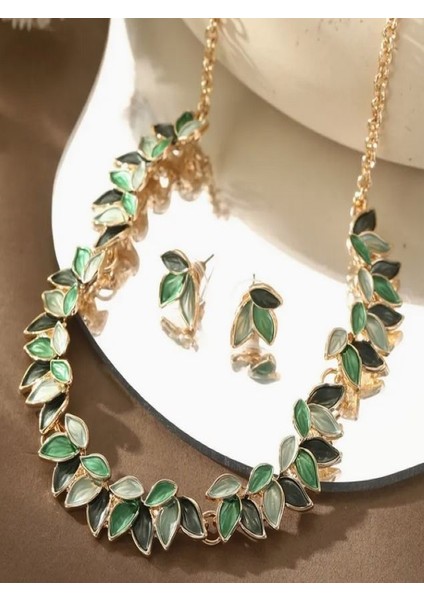 Kc Altın Kaplama Yeşil Yaprak Takı Seti