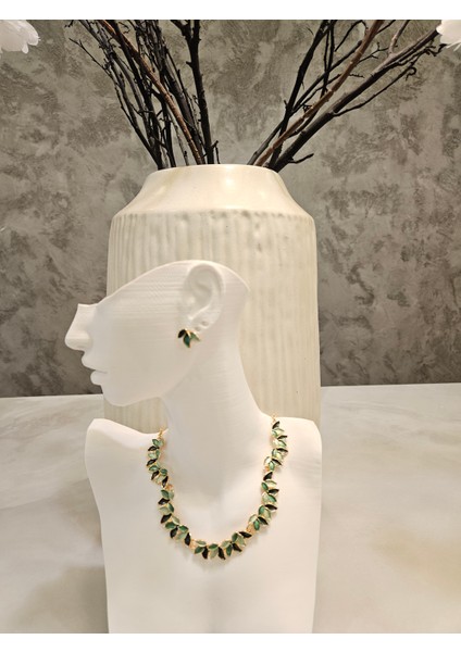 Kc Altın Kaplama Yeşil Yaprak Takı Seti