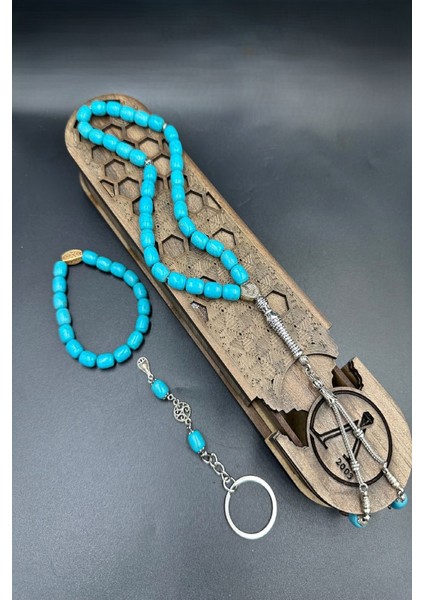 Mavi Ceyt Taşı Set Alpaka Püskül Tespih (Ahşap Kutulu)