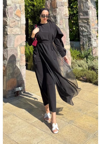 Kadın Seyyar Kemerli Şifon Uzun Tulum Elbise- Siyah