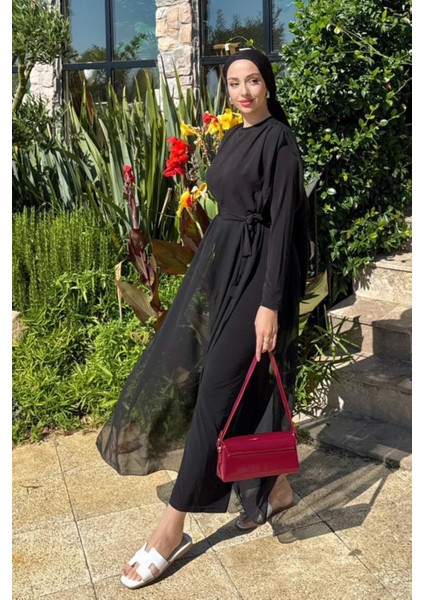 Kadın Seyyar Kemerli Şifon Uzun Tulum Elbise- Siyah fiyatları