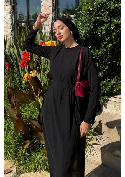 Kadın Seyyar Kemerli Şifon Uzun Tulum Elbise- Siyah modelleri