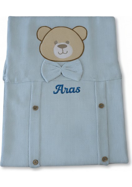 Isme Özel Nakışlı Fiyonklu Ayıcık Desenli Mavi Bebek Battaniyesi