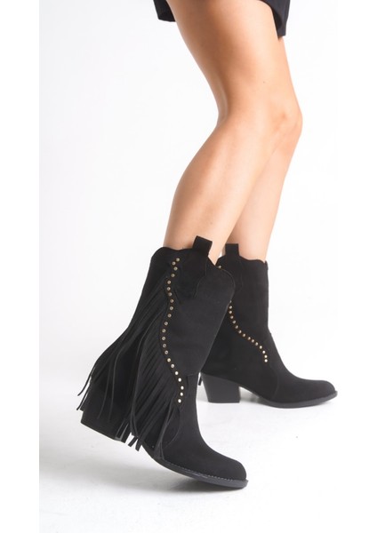 Siyah Süet Yanı Püsküllü Kovboy Çizme
