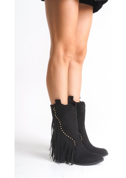 Siyah Süet Yanı Püsküllü Kovboy Çizme modelleri