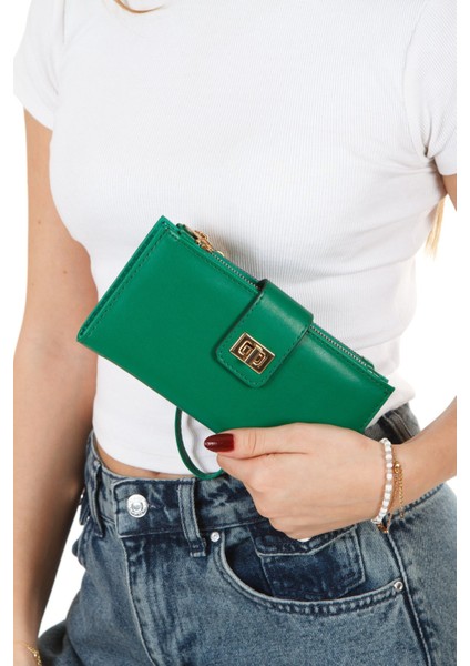 Kadın Venesia Kağıt Bozuk Para Kartlık Bölmeli Kilitli Bilek Askılı Portföy Yeşil Cüzdan