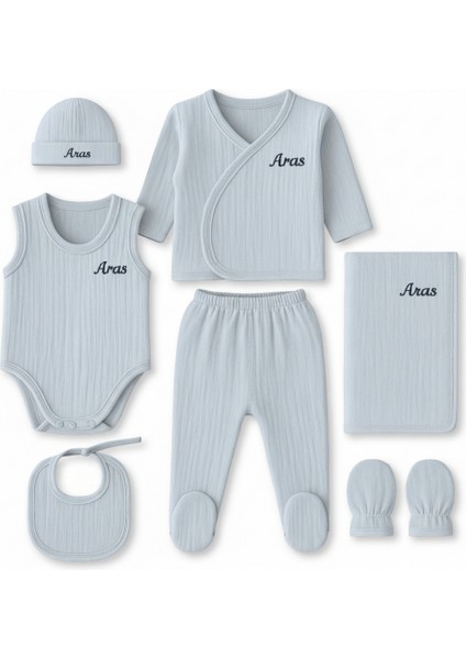 Isme Özel Nakışlı Mavi Müslin Kumaştan 7 Li Yenidoğan Hastane Çıkış Bebek Takımı
