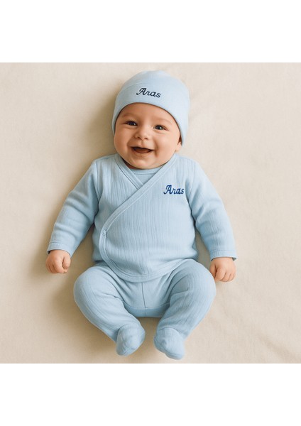 Isme Özel Nakışlı Mavi Müslin Kumaştan 7 Li Yenidoğan Hastane Çıkış Bebek Takımı fiyatları