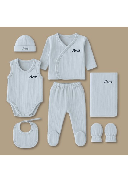 Isme Özel Nakışlı Mavi Müslin Kumaştan 7 Li Yenidoğan Hastane Çıkış Bebek Takımı modelleri