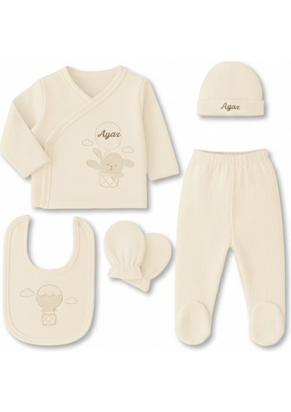 Tavşan Desenli Isme Özel Nakışlı Krem 5 Li Yenidoğan Hastane Çıkış Bebek Takımı