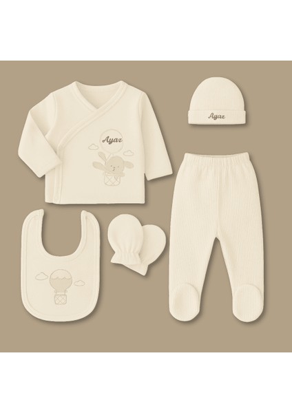 Tavşan Desenli Isme Özel Nakışlı Krem 5 Li Yenidoğan Hastane Çıkış Bebek Takımı modelleri