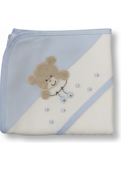 Peluş Ayıcıklı Isme Özel Nakışlı Mavi Beyaz Bebek Havlusu