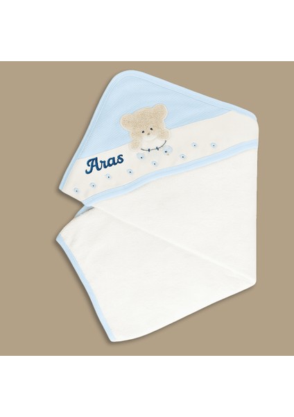 Peluş Ayıcıklı Isme Özel Nakışlı Mavi Beyaz Bebek Havlusu fiyatları