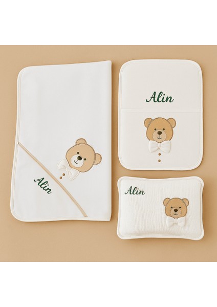 Fiyonklu Ayıcık Desenli Isme Özel Nakışlı Krem 3 Lü Bebek Alt Açma Seti fiyatları