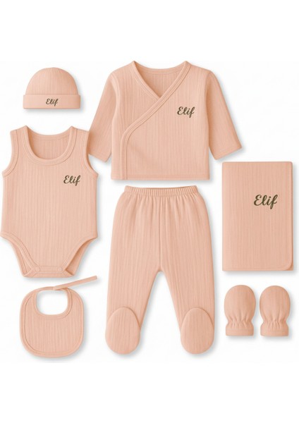 Isme Özel Nakışlı Pembe Müslin Kumaştan 7 Li Yenidoğan Hastane Çıkış Bebek Takımı