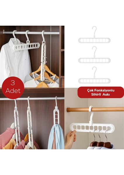 ORG-250 3 Adet Çok Fonksiyonlu Dolap Içi Düzenleyici Organizer Sihirli Askı Tişört Gömlek Elbise Askısı