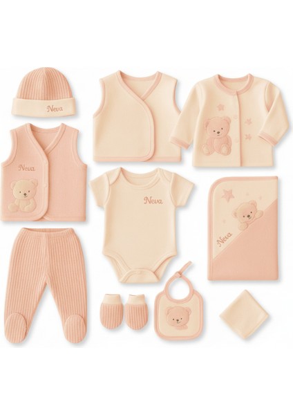 Peluş Ayıcıklı Isme Özel Nakışlı Pembe Krem 10 Lu Yenidoğan Hastane Çıkış Bebek Takımı