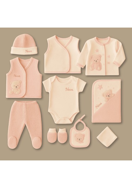 Peluş Ayıcıklı Isme Özel Nakışlı Pembe Krem 10 Lu Yenidoğan Hastane Çıkış Bebek Takımı modelleri