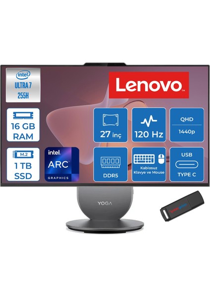 Yoga Aıo Core Ultra 7 255H 5.1ghz 16GB 1tb SSD Intel Arc 140T Gpu 27" Qhd (2560X1440) IPS 400NITS 120hz Windows 11 Pro All In One Bilgisayar 27AIH1040P10 + Zettausb