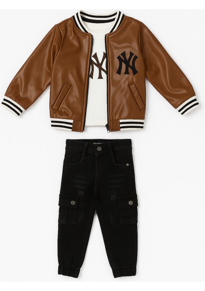 Çocuk Deri Görünümlü Ceket & Baskılı Tişört & Kargo Pantolon 3’lü Kombin Takım fiyatları