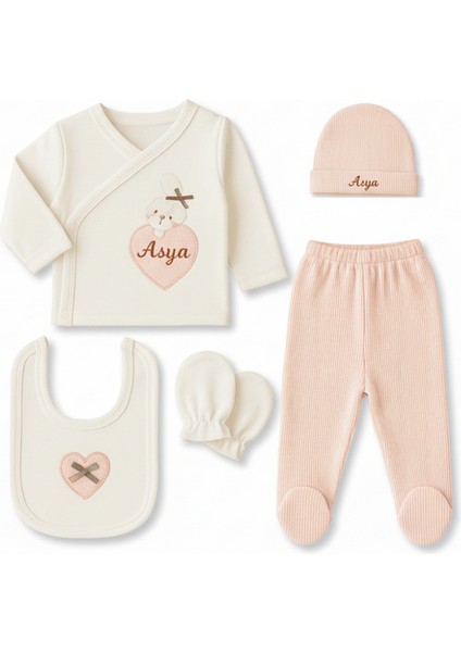 Tavşan Desenli Isme Özel Nakışlı Krem Pembe 5 Li Yenidoğan Hastane Çıkış Bebek Takımı