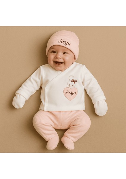 Tavşan Desenli Isme Özel Nakışlı Krem Pembe 5 Li Yenidoğan Hastane Çıkış Bebek Takımı fiyatları
