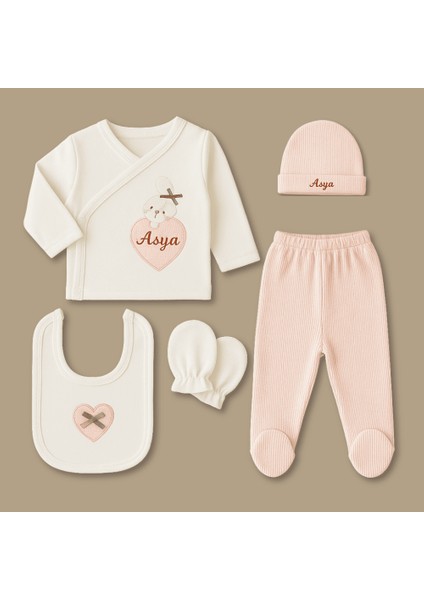 Tavşan Desenli Isme Özel Nakışlı Krem Pembe 5 Li Yenidoğan Hastane Çıkış Bebek Takımı modelleri