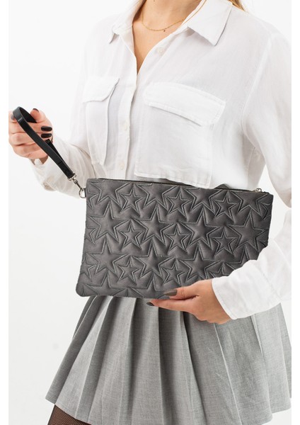 Yıldız Desenli Gri Süet Portföy Çanta