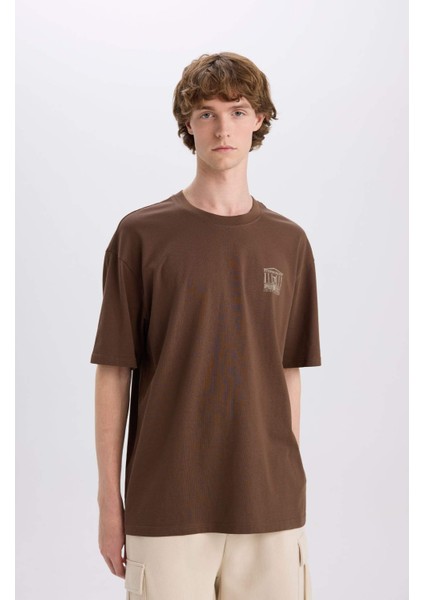 %100 Pamuk Boxy Fit Bisiklet Yaka Sırt Baskılı Kısa Kollu Tişört