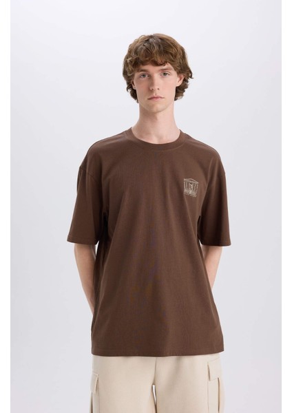 %100 Pamuk Boxy Fit Bisiklet Yaka Sırt Baskılı Kısa Kollu Tişört